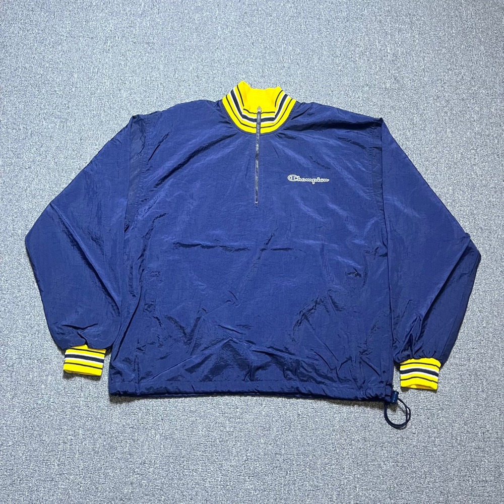 Vintage Champion Windbreaker Large Navy Blue Yellow Striped 1/4 Zip Pullover 90s